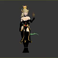 Fantasy Female Character with Golden Crown Black Outfit Green Tail and Flaming Hand