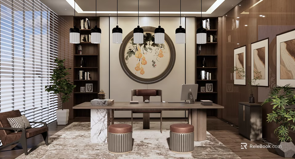 Modern Office Interior With Chinese Style Decor Bookshelves Black Pendant Lights And Wooden Desk 3d model 