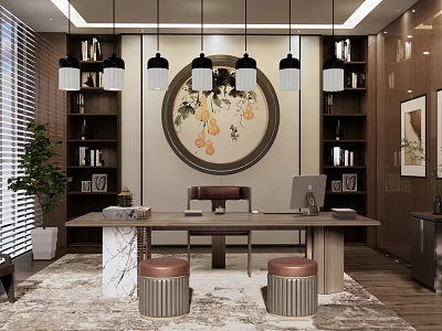 Modern Office Interior With Chinese Style Decor Bookshelves Black Pendant Lights And Wooden Desk 3d model