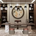 Modern Office Interior With Chinese Style Decor Bookshelves Black Pendant Lights And Wooden Desk