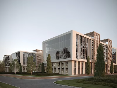 Modern Office Building Exterior Design With Glass Curtain Walls Wooden Elements And Landscaped Trees 3d model