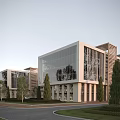 Modern Office Building Exterior Design With Glass Curtain Walls Wooden Elements And Landscaped Trees