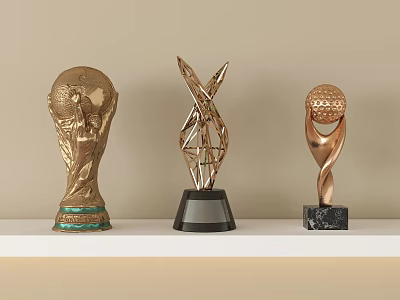 Golden Trophies With Football Golf Ball And Metal Structure Designs On White Shelf 3d model