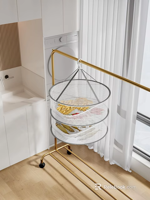 Golden Standing Clothes Hanger With Two Tier Mesh Drying Rack For Small Laundry Items 3d model 