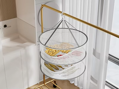 Golden Standing Clothes Hanger With Two Tier Mesh Drying Rack For Small Laundry Items 3d model