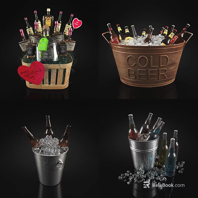 Chilled Wine Bottles and Glasses in Ice Filled Bucket for Party Drinks 3d model 