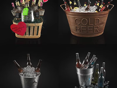 Chilled Wine Bottles and Glasses in Ice Filled Bucket for Party Drinks 3d model