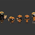 Cute Cartoon Characters In Orange Outfits With Yellow Checkered Hats And Tools In Various Poses
