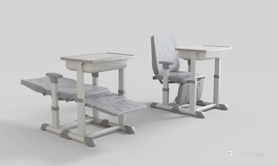 Multiple Light Gray Student Desk Chairs With Storage And Adjustable Design Features 3d model