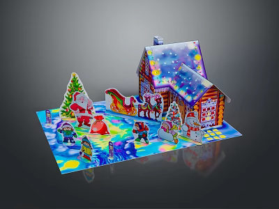 3D Christmas Pop Up Decoration With Gingerbread House Santa Sleigh Reindeer And Trees 3d model