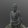 Stone Carved Buddha Sculpture In Sitting Posture With Moss And Fallen Leaves