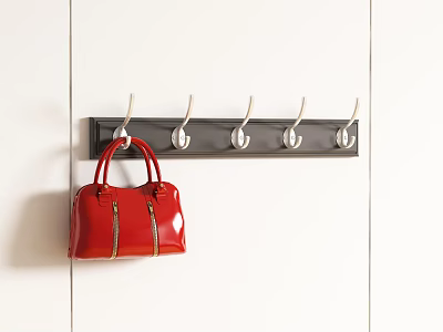 Wall Mounted Coat Hook Rack With Five Hooks Holding Red Handbag In Entryway 3d model