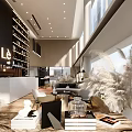 Modern Bright Café Interior With Large Windows Bookshelves Bar Counter Sofa Seating And Pampas Grass