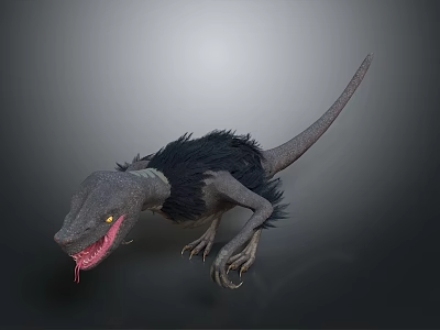 Fierce Fantasy Creature With Grey Skin Black Fur Yellow Eyes And Long Tail Crawling 3d model