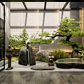 Zen Style Courtyard Garden With Pine Tree Stone Lantern Small Pond And Green Plants