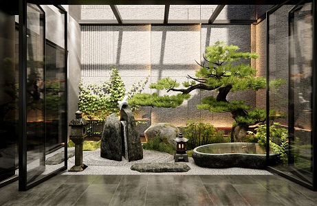 New Chinese Style Patio Courtyard Landscape Indoor Plants Landscape Rain Chain Rock Mountain Waterscape Stone Bryophytes Pine 3d model