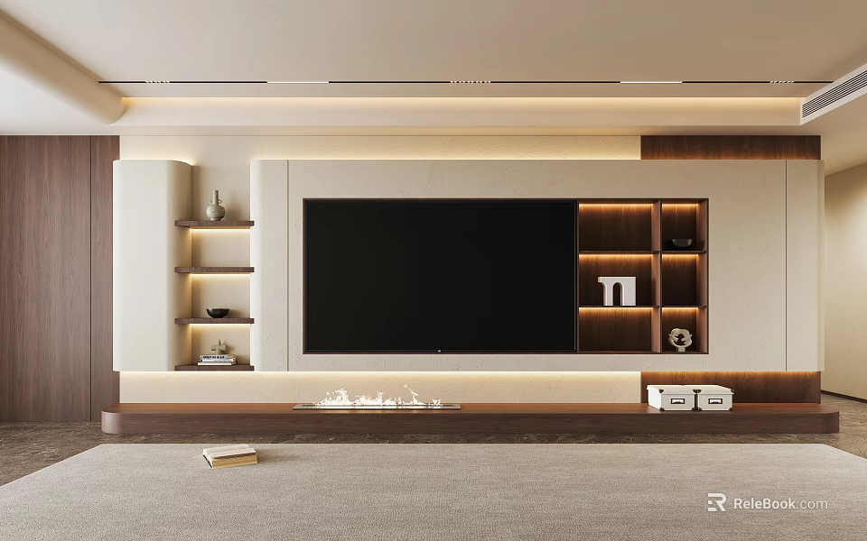 Modern Living Room Interior Design With TV Wall Wooden Shelves And Lighting Strips 3d model 