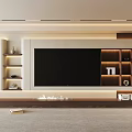 Modern Living Room Interior Design With TV Wall Wooden Shelves And Lighting Strips