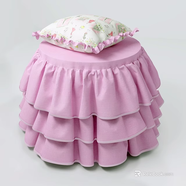 Pink Sofa Stool with Layered Ruffled Skirt and Patterned Top Cushion with Pink Trim 3d model 