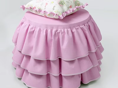 Pink Sofa Stool with Layered Ruffled Skirt and Patterned Top Cushion with Pink Trim 3d model