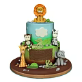 Two Tier Animal Themed Cake Decorated With Lion Monkey Zebra Giraffe Elephant Tree And Clouds