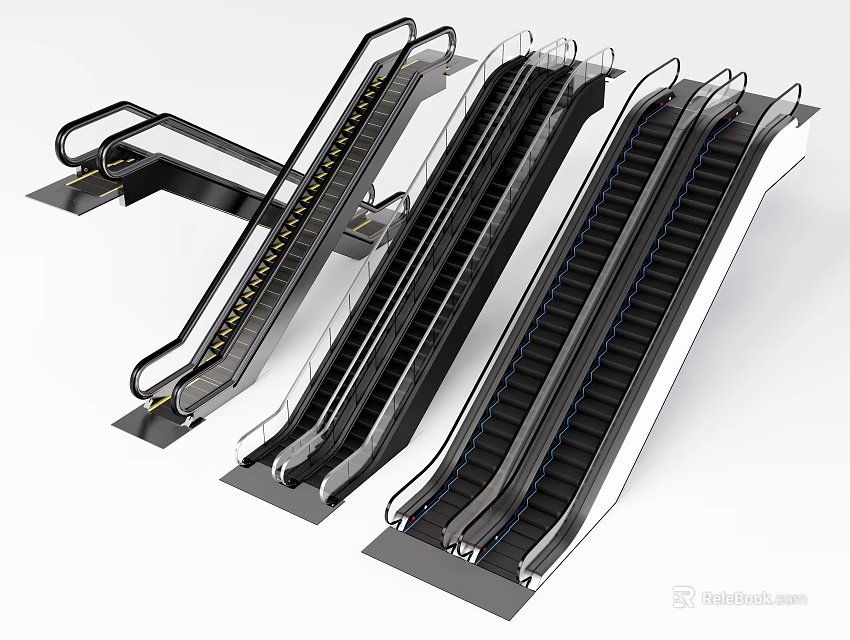 Three Modern Escalators With Black Steps And Silver Frames For Commercial Areas 3d model 