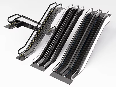Three Modern Escalators With Black Steps And Silver Frames For Commercial Areas 3d model