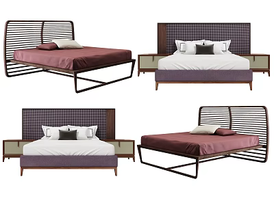 Modern Double Bed Designs With Metal Wooden Headboards Purple White Mattresses And Decorative Pillows 3d model
