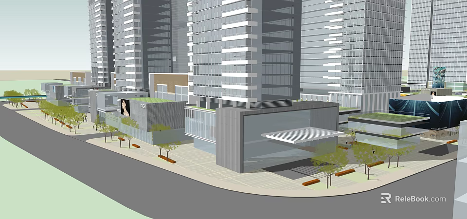 Modern Commercial Street With Tall Buildings Glass Facades And Green Plants 3d model 