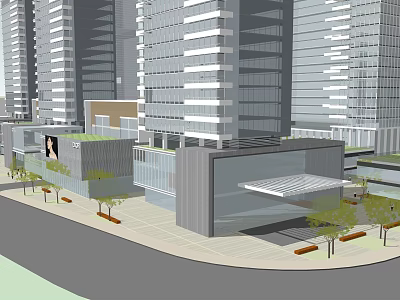 Modern Commercial Street With Tall Buildings Glass Facades And Green Plants 3d model
