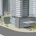 Modern Commercial Street With Tall Buildings Glass Facades And Green Plants