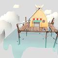 Cartoon Scenic Tent On Wooden Platform Over Water With Clouds And Small Boat