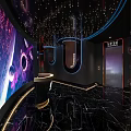 Modern KTV Lounge with Starry Space Theme Large Screen Mirror Decorations and Black Marble Floor