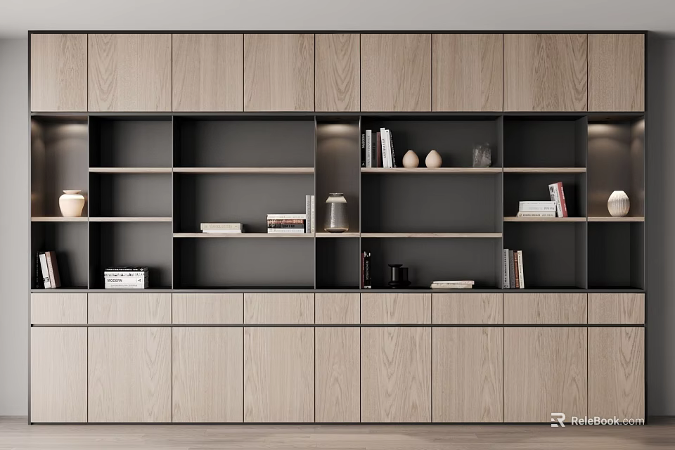 Modern Wooden Bookcase With Open Shelves And Decorative Items And Stacked Books 3d model 