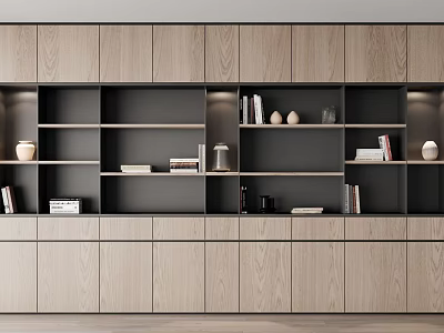 Modern Wooden Bookcase With Open Shelves And Decorative Items And Stacked Books 3d model