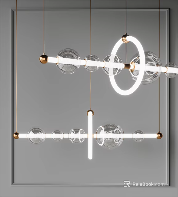 Modern Chandelier With Glass Globes Circular LED Rings And Metal Frames 3d model 