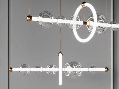Modern Chandelier With Glass Globes Circular LED Rings And Metal Frames 3d model
