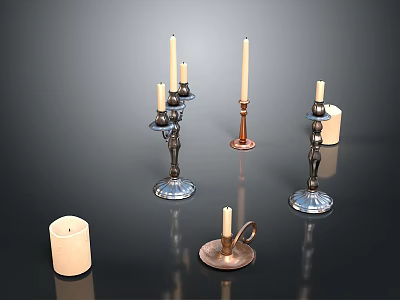 Various Decorative Candle Holders With Taper And Pillar Candles For Home Living Decor 3d model