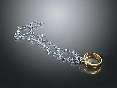 Jewelry Piece Featuring Silver Chain And Gold Ring On Dark Background With Reflection 3d model