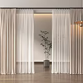 Beige And White Layered Curtains In Modern Room With Wooden Floor And Green Plant