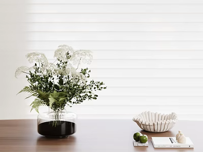 Transparent Vase with White Flowers Green Leaves on Wooden Table White Blinds Interior Decor 3d model