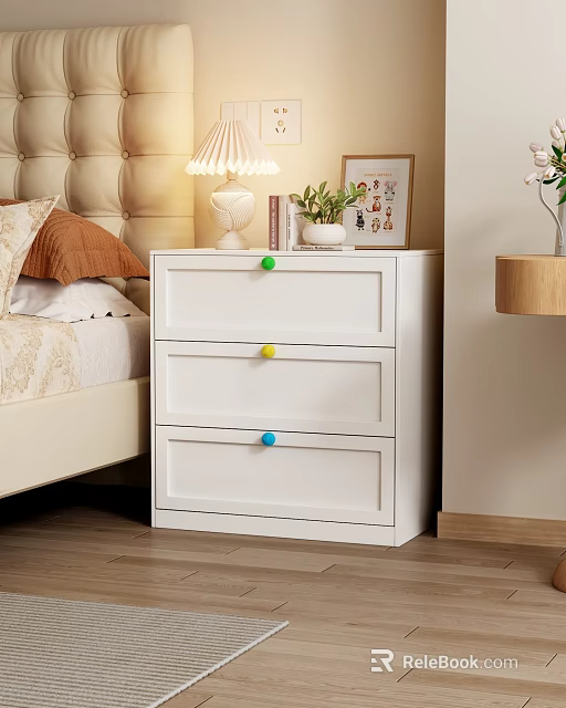 Modern White Chest of Drawers with Three Drawers and Colorful Round Knobs in Bedroom 3d model 