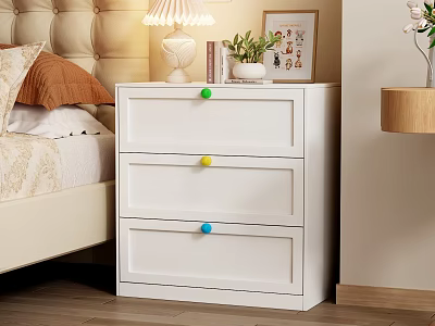 Modern White Chest of Drawers with Three Drawers and Colorful Round Knobs in Bedroom 3d model