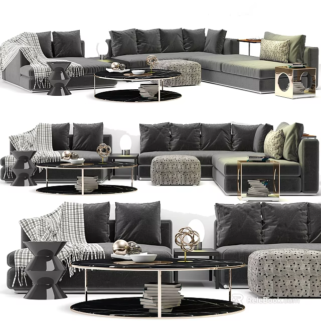 Modern Gray Sofa And Stylish Coffee Table Set With Decorative Pillows And Throw Blanket 3d model
