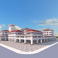 Modern Commercial Street Featuring White Buildings Red Roofs Multi Story Arched Porticos And Spacious Plaza
