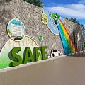 School Entrance With Red Gate Colorful Painted Wall Rainbow SAFE Sign And Trees