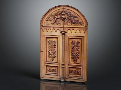Classic Wooden Door With Intricate Carved Patterns And Double Panel Design 3d model