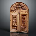 Classic Wooden Door With Intricate Carved Patterns And Double Panel Design