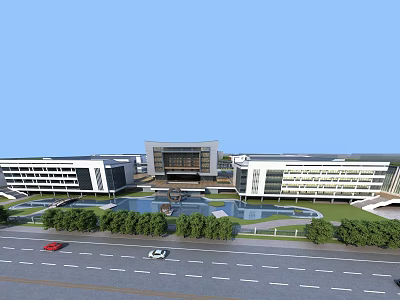 Modern Commercial Building Exterior With Swing Door Landscaped Garden And Road 3d model