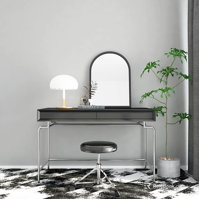 Modern Dressing Table With Black Top Metal Legs Arch Mirror White Lamp And Stool 3d model 